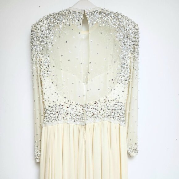 Women’s Vintage-Inspired Off-White/Cream Embellished Silk Dress W/Lettuce Hem - Picture 5 of 16